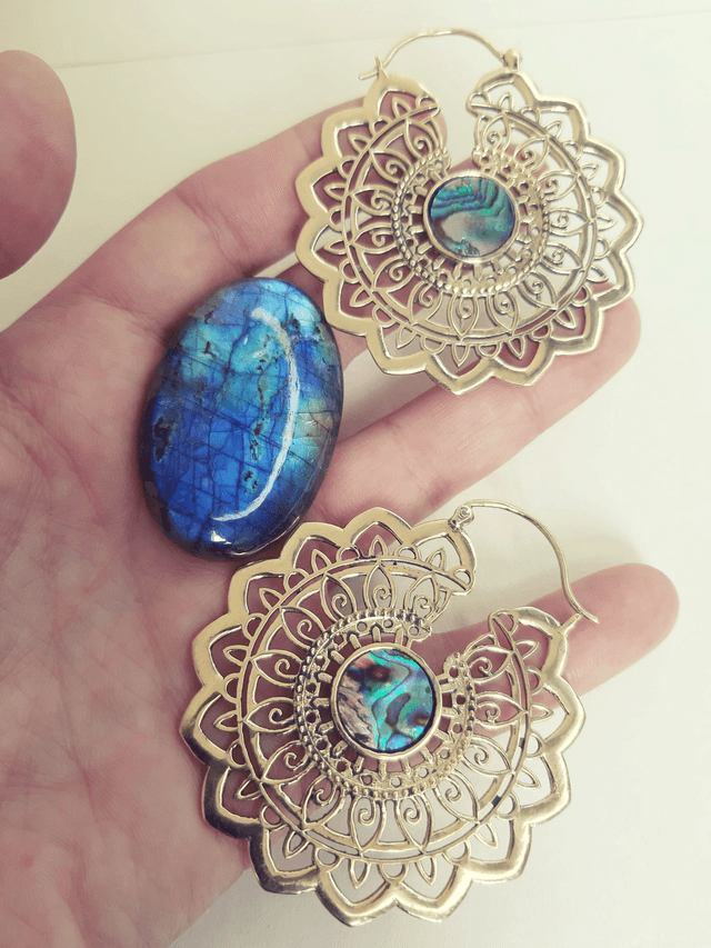 CRÉOLE ABALONE NACRE BLEU ARGENTÉ MANDALA MAXI TRIBAL