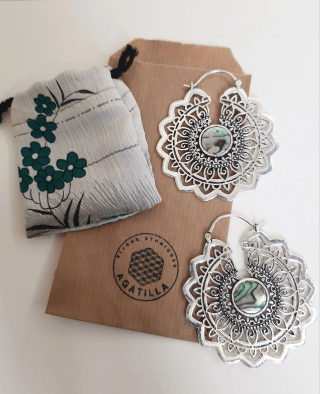 CRÉOLE ABALONE NACRE BLEU ARGENTÉ MANDALA MAXI TRIBAL