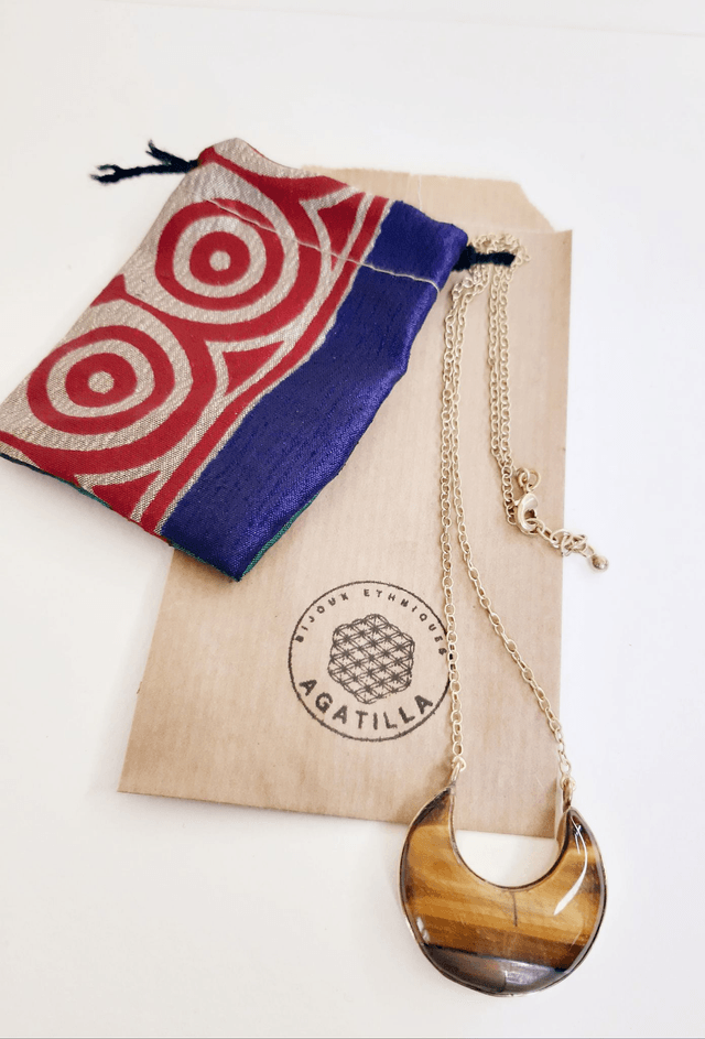 COLLIER PIERRE OEIL DE TIGRE LUNE RÉGLABLE