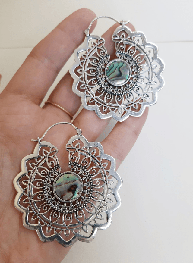 CRÉOLE ABALONE NACRE BLEU ARGENTÉ MANDALA MAXI TRIBAL