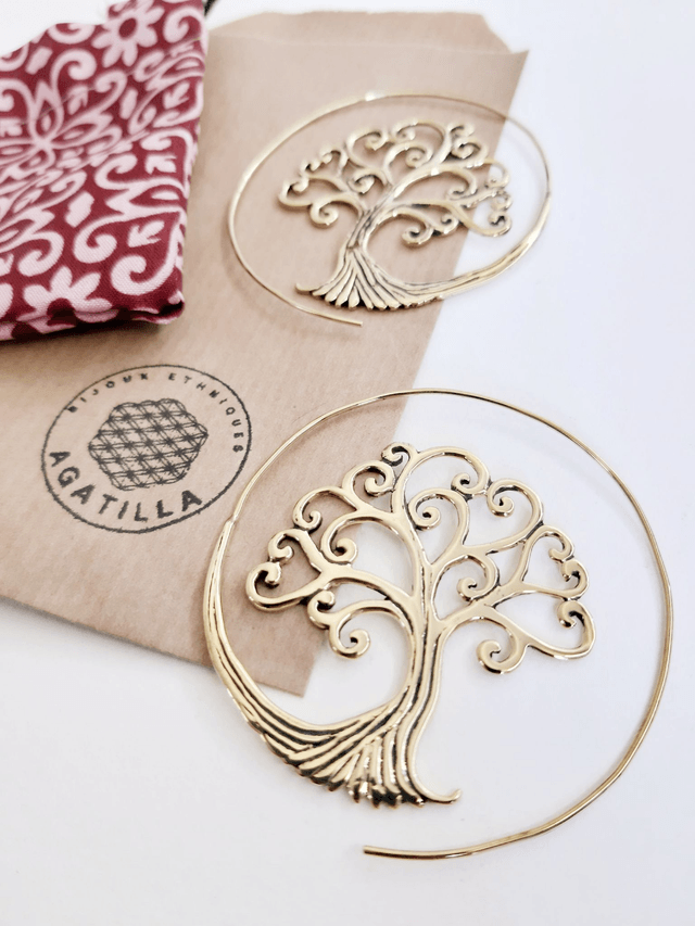 GRANDES BOUCLES D'OREILLES ARBRE DE VIE DORÉ ZEN 