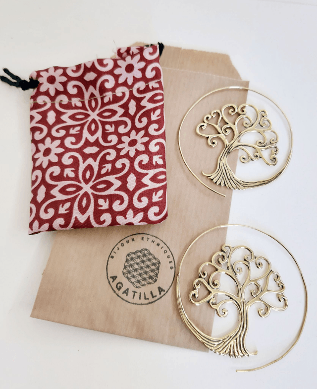 GRANDES BOUCLES D'OREILLES ARBRE DE VIE DORÉ ZEN 