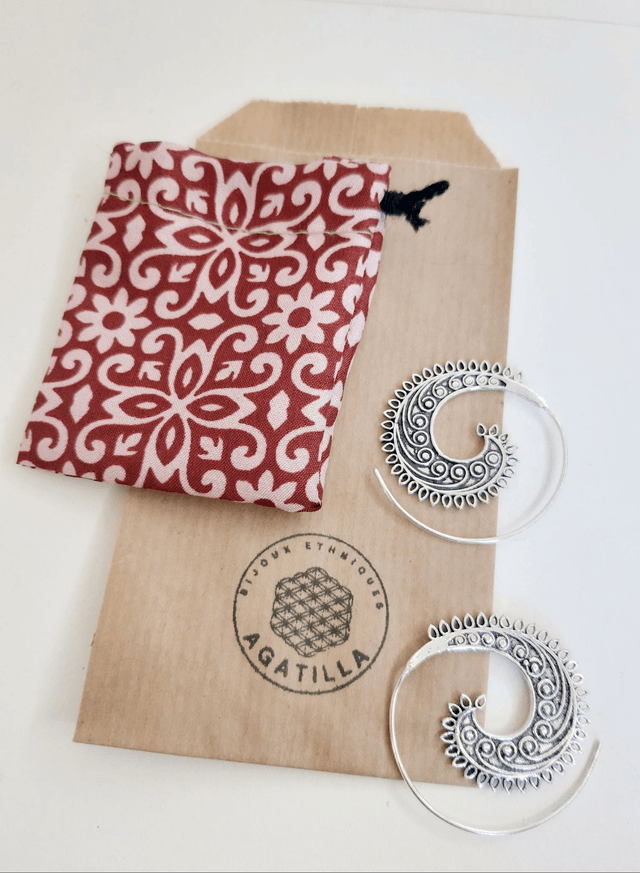 BOUCLES SPIRALES ETHNIQUE CASHEMIRE  ARTISANAT INDE