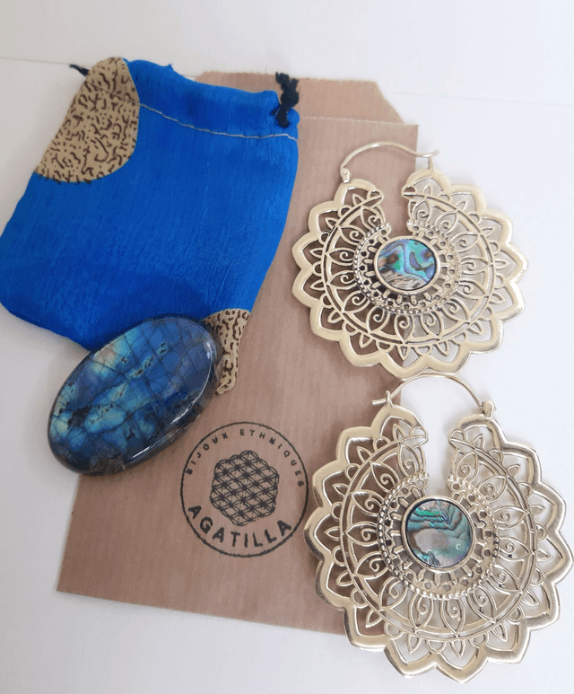 CRÉOLE ABALONE NACRE BLEU ARGENTÉ MANDALA MAXI TRIBAL