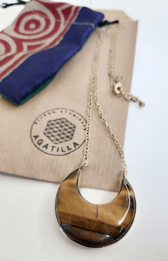 COLLIER PIERRE OEIL DE TIGRE LUNE RÉGLABLE